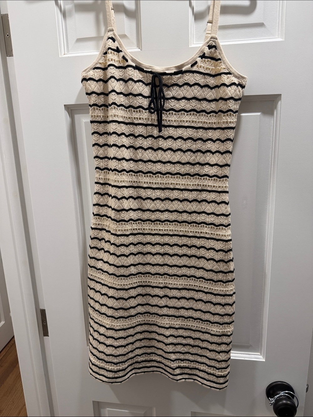 Hollister Cream and Black Striped Crochet Tank Dress with Front Tie
